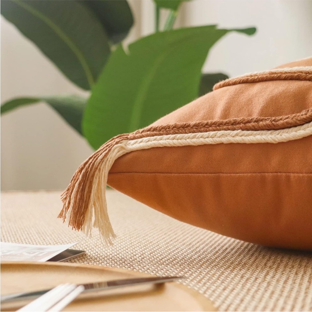 Braided Mid Century Orange Pillow Case Fringed Neutral Textured Boho Farmhouse - Picture 5 of 8
